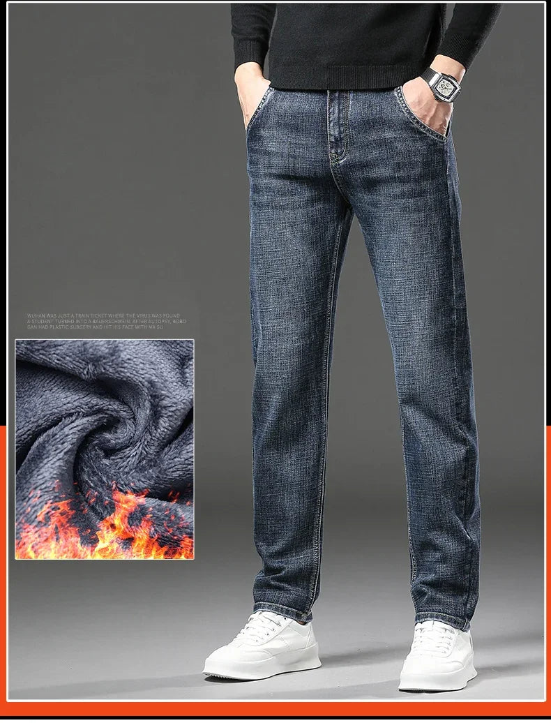 Men Jeans Retro Winter New Fleece Slim Stretch