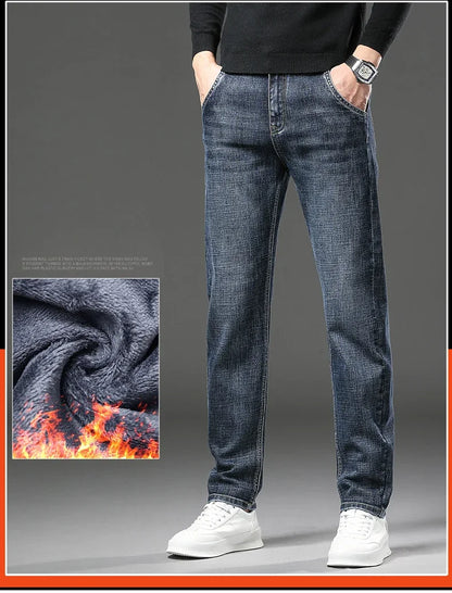 Men Jeans Retro Winter New Fleece Slim Stretch