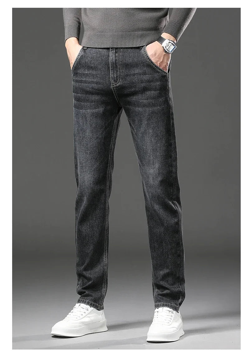 Men Jeans Retro Winter New Fleece Slim Stretch