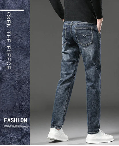 Men Jeans Retro Winter New Fleece Slim Stretch