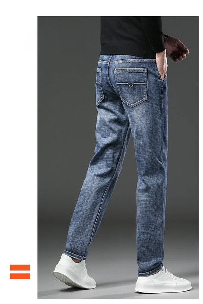 Men Jeans Retro Winter New Fleece Slim Stretch