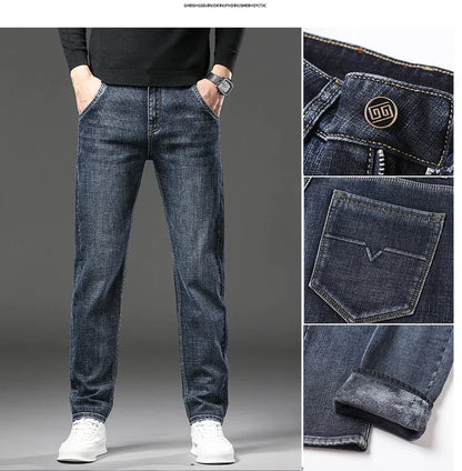 Men Jeans Retro Winter New Fleece Slim Stretch