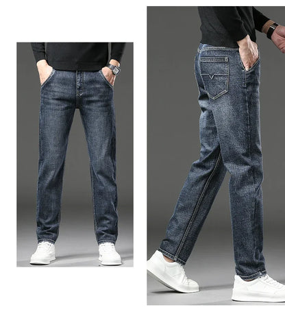 Men Jeans Retro Winter New Fleece Slim Stretch