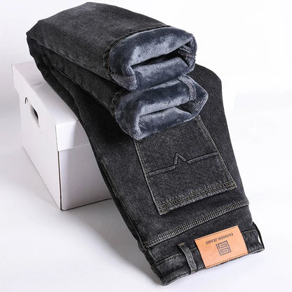 Men Jeans Retro Winter New Fleece Slim Stretch