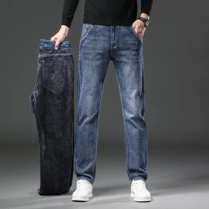 Men Jeans Retro Winter New Fleece Slim Stretch