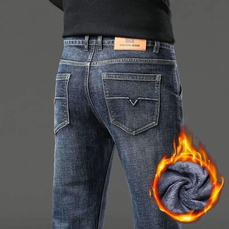 Men Jeans Retro Winter New Fleece Slim Stretch