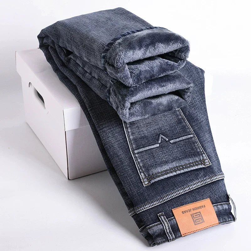 Men Jeans Retro Winter New Fleece Slim Stretch