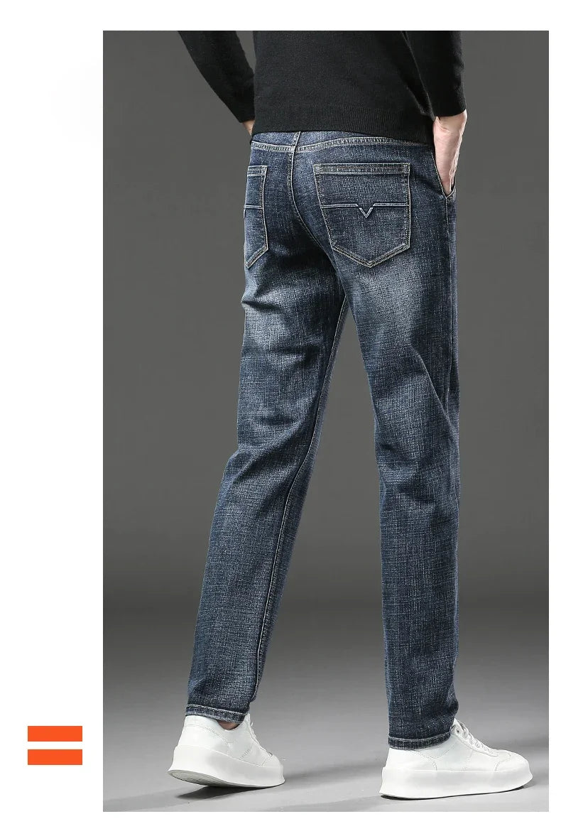 Men Jeans Retro Winter New Fleece Slim Stretch