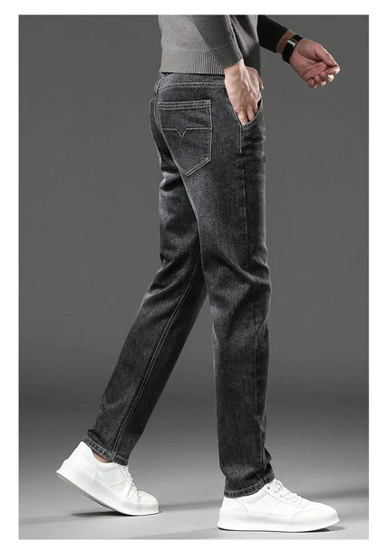 Men Jeans Retro Winter New Fleece Slim Stretch