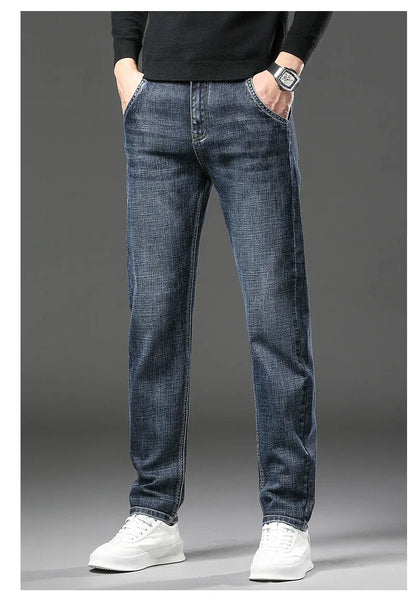 Men Jeans Retro Winter New Fleece Slim Stretch